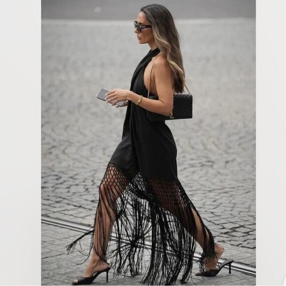 Zara Black LINEN DRESS WITH FRINGE Size Large - Picture 4 of 16